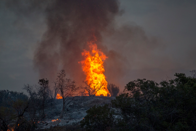 Flames creep down from a ridge and toward homes after sunset at the La Tuna Fire on September 2, 2017 near Burbank, California. (Photo by David McNew/Getty Images)